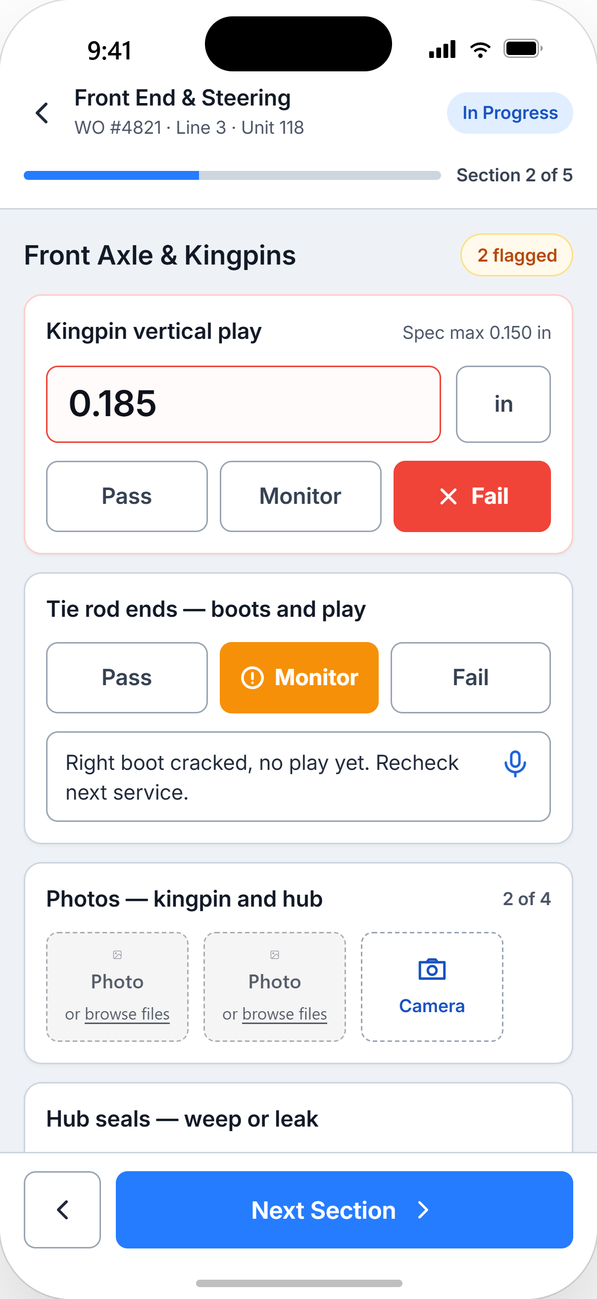 ShopView digital inspection on a technician's phone with pass, monitor, and fail responses