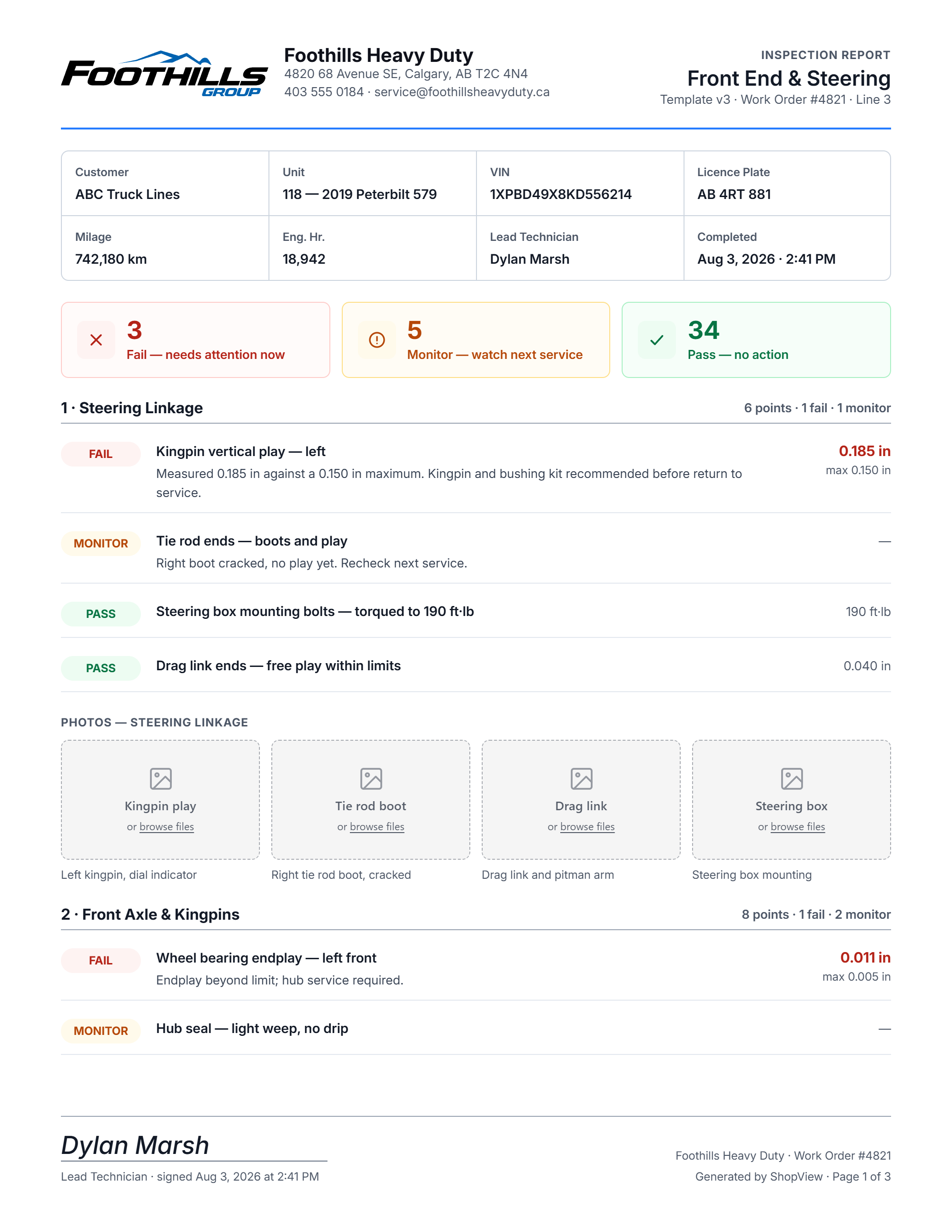 ShopView inspection report PDF with shop letterhead, vehicle details, and a color-coded pass, monitor, and fail summary