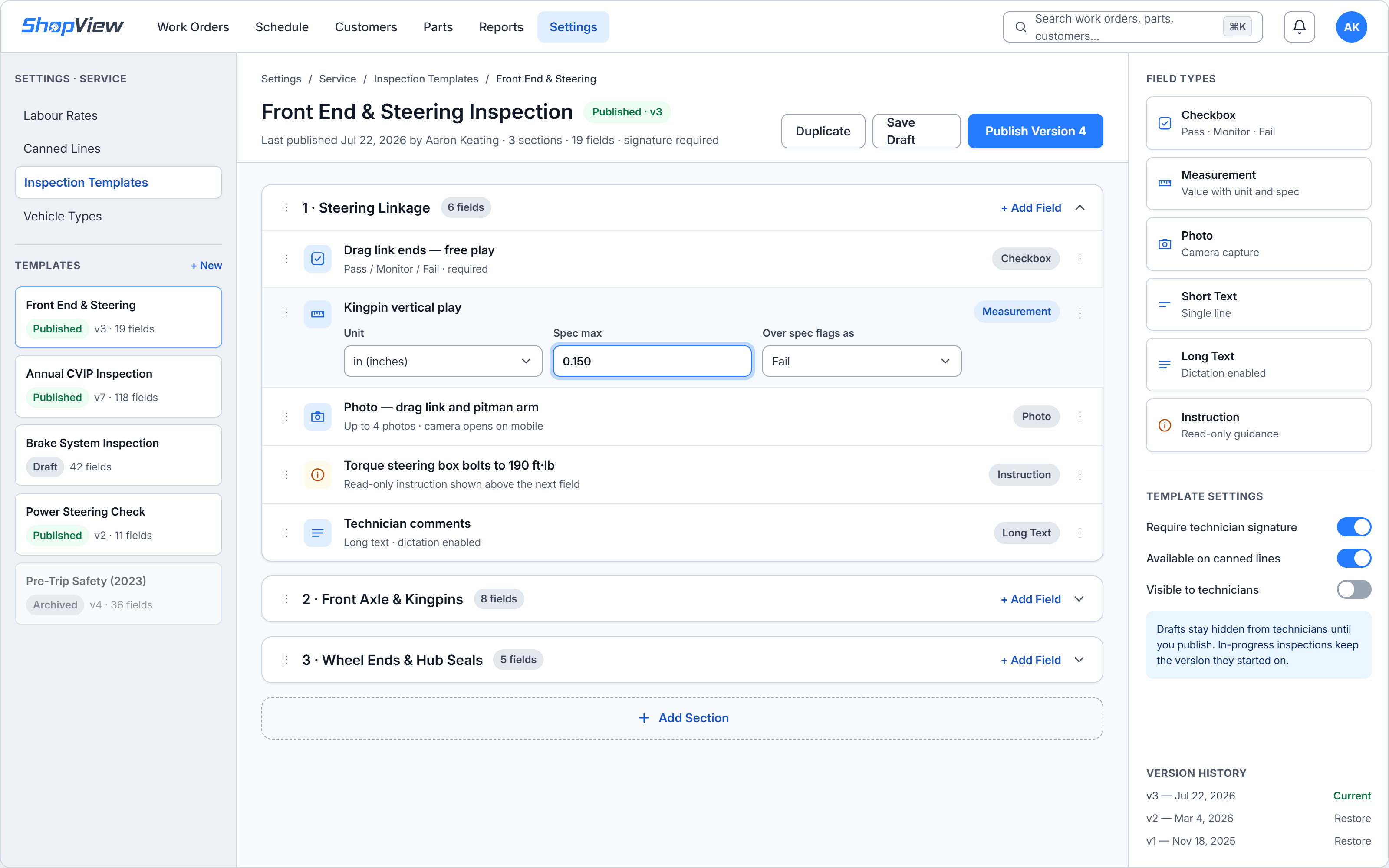 ShopView inspection template builder showing sections, field types, and version history